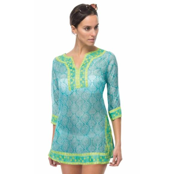 Gretchen Scott Turquoise Lime 3/4 Sleeve Easy Breezy Silk Tunic Womens Large - Picture 1 of 8